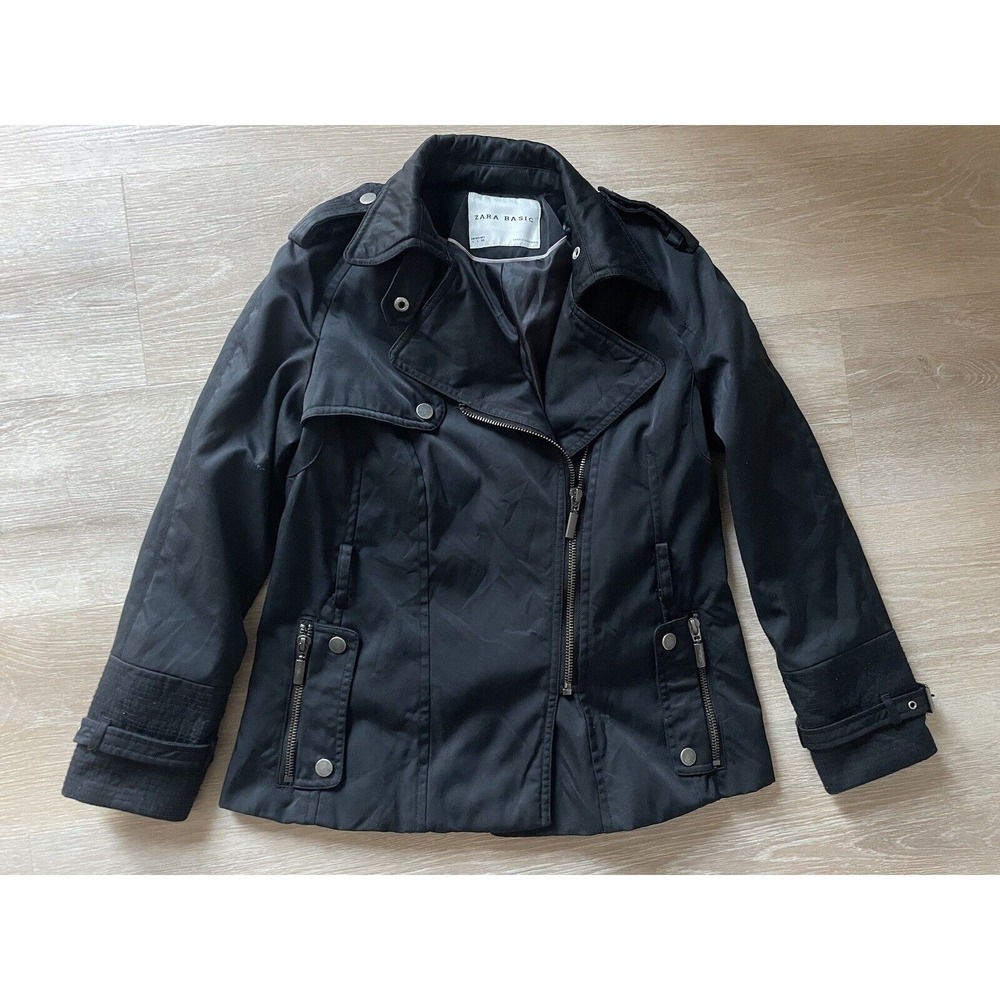 Zara Basic L Black Moto Jacket Nylon Cotton Epaulet‎ Asymmetrical Zip Buckle